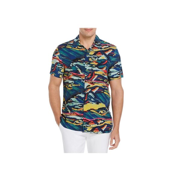 Perry Ellis Mens Abstract Print Button-Up Shirt Xl 100% Viscose Blue/Multicolor - Picture 1 of 8